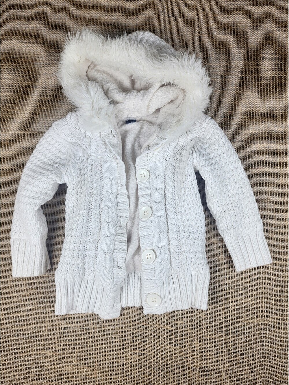 Baby Gap Toddler Girls 2T Cream Cable Knit Hooded Sweater Jacket Faux Fur